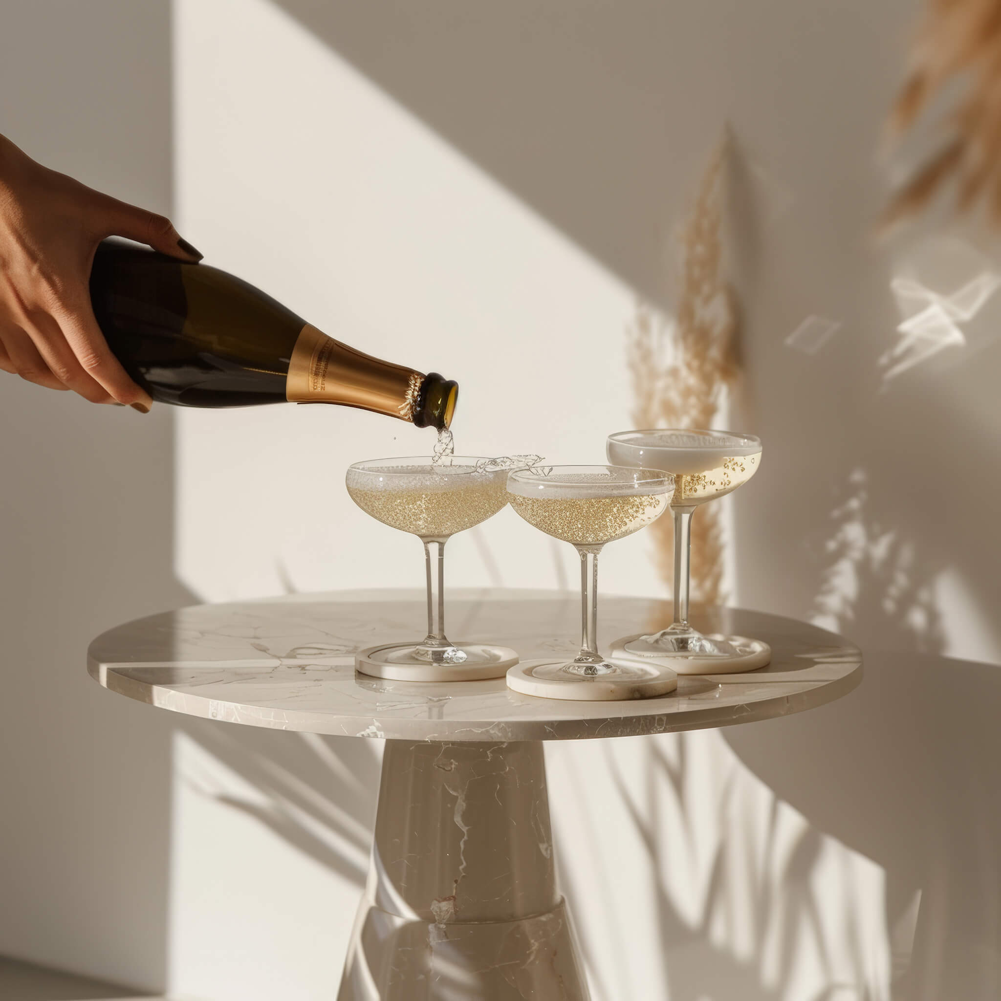 A woman's hand pouring a bottle of champagne into three glasses on a marble end table
