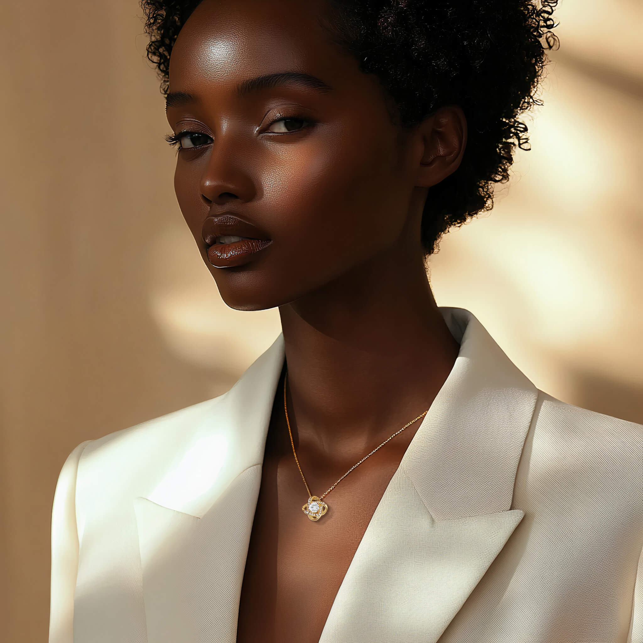Businesswoman wearing a white blazer with a delicate gold pendant necklace
